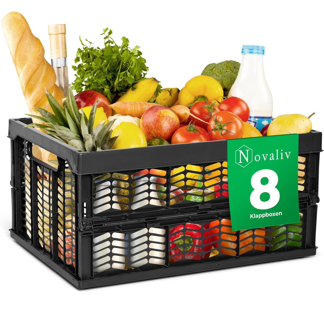 Novaliv Klappboxen faltbar stabil 8x 30L Schwarz Schwarz baskets Einkaufskiste Klappkisten Set Trage