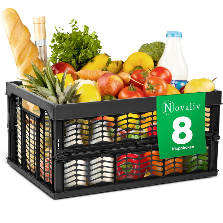 Novaliv Klappboxen faltbar stabil 8x 30L Schwarz Schwarz baskets Einkaufskiste Klappkisten Set Trage