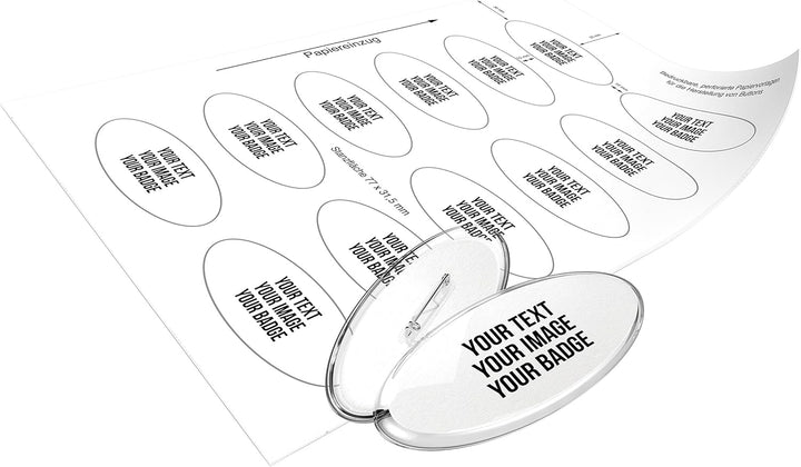Buttons oval selber machen ohne Buttonmaschine (50 Stück) – Ansteckbuttons Set mit Nadel-Pins und A4