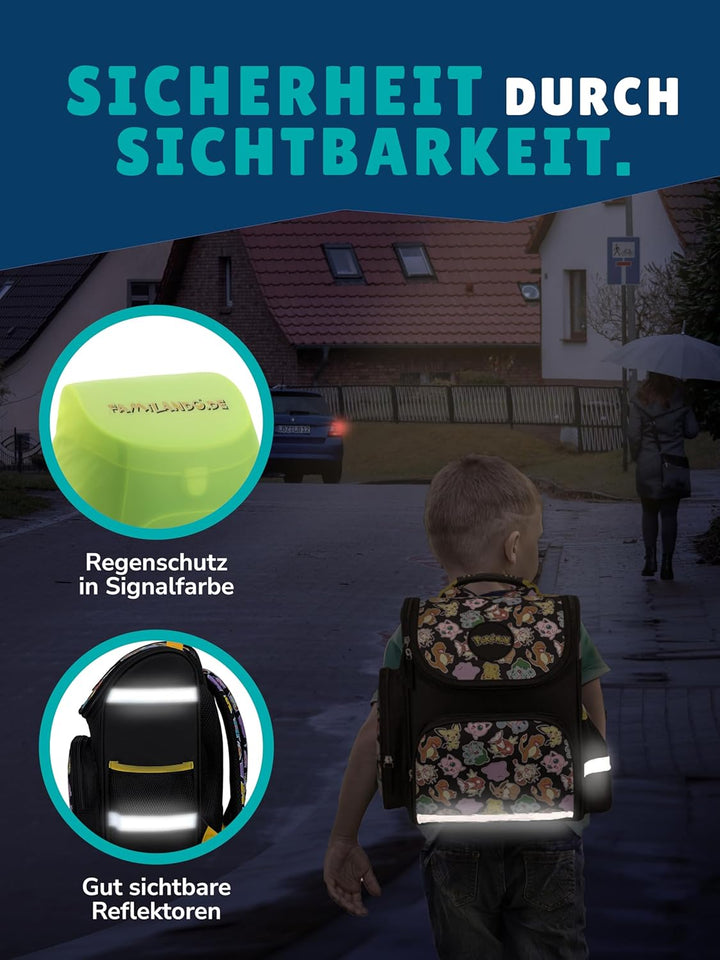 Familando - Schulranzen Set - 9-teilig mit Lunch-Set - Pokémon (Pikachu Motiv) - Ergonomisch, stabil