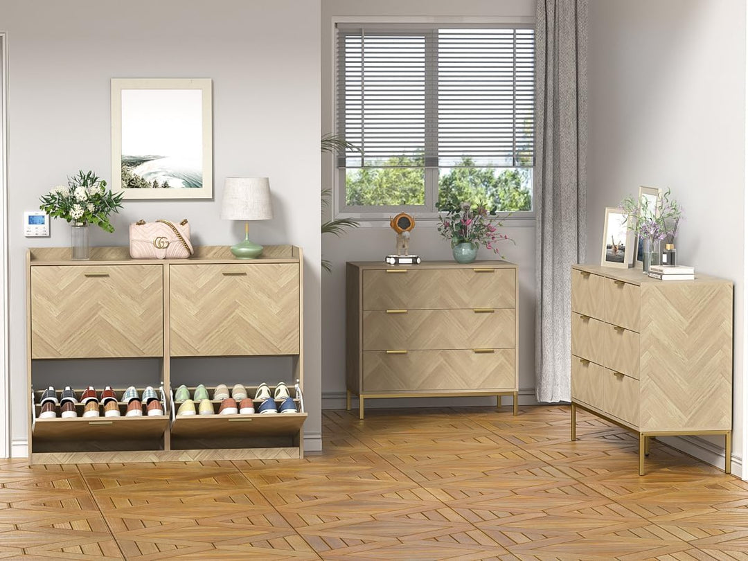 Fischgrätmuster Schuhschrank mit 4 Schublade Holz Schuhkipper für 24-28 Paar Schuhe, Schuhregal mit