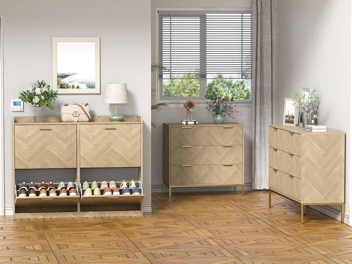 Fischgrätmuster Schuhschrank mit 4 Schublade Holz Schuhkipper für 24-28 Paar Schuhe, Schuhregal mit