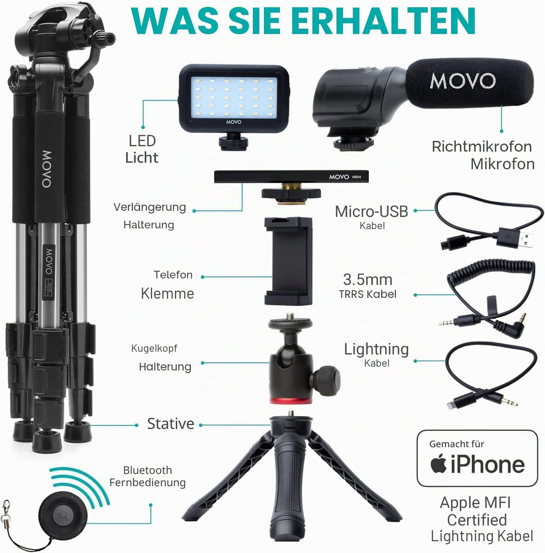 Movo iVlogger iPhone,Android Kompatibles Vlogging Kit mit Stativ in voller Grösse – Handy-Video-Kit