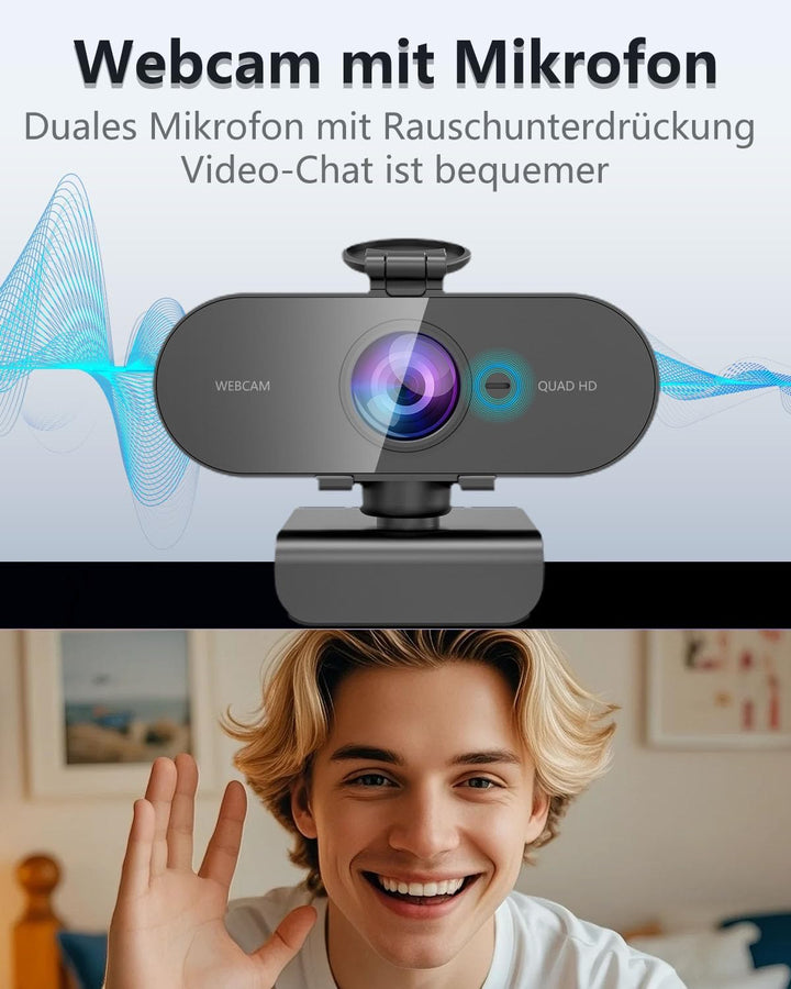 DDKJ Webcam Full HD, 2K Webcam mit Mikrofon, Streaming Kamera Unterstützt 360° horizontale Drehung,