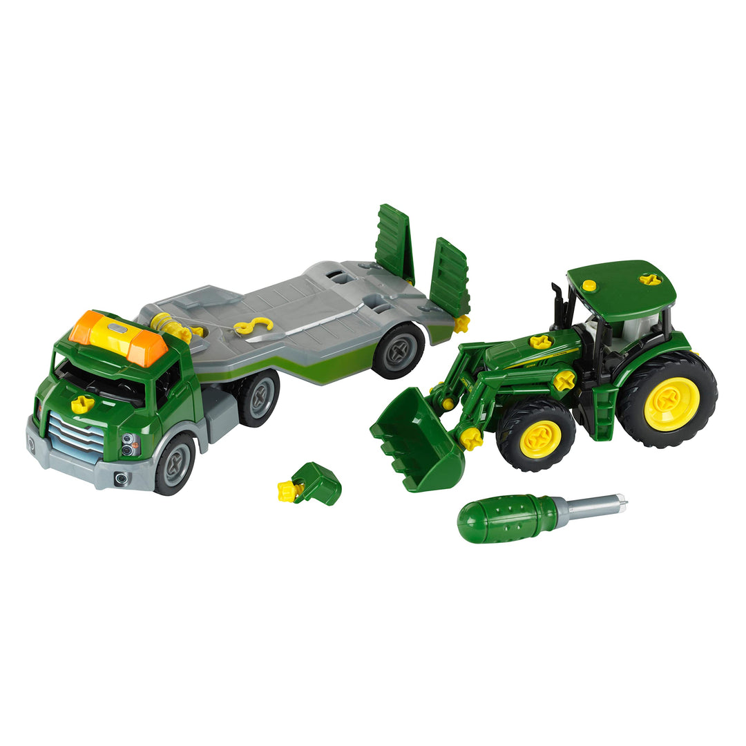 Theo Klein 3908 Transporter mit John Deere Traktor I Schraubset inkl. Schraubendreher I Spielzeug fü