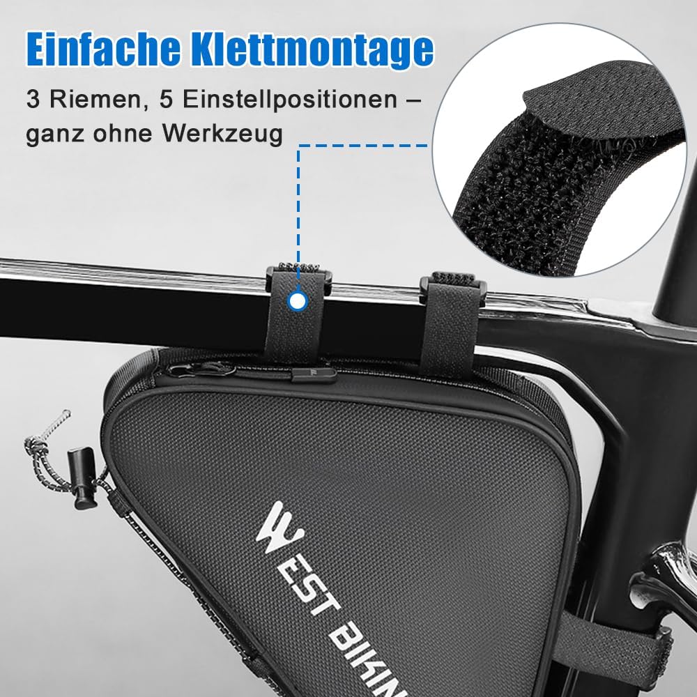 Fahrrad Rahmentasche Dreieckstasche 1L – wasserdichte Rahmentasche mit TPU-Reissverschluss, schmale