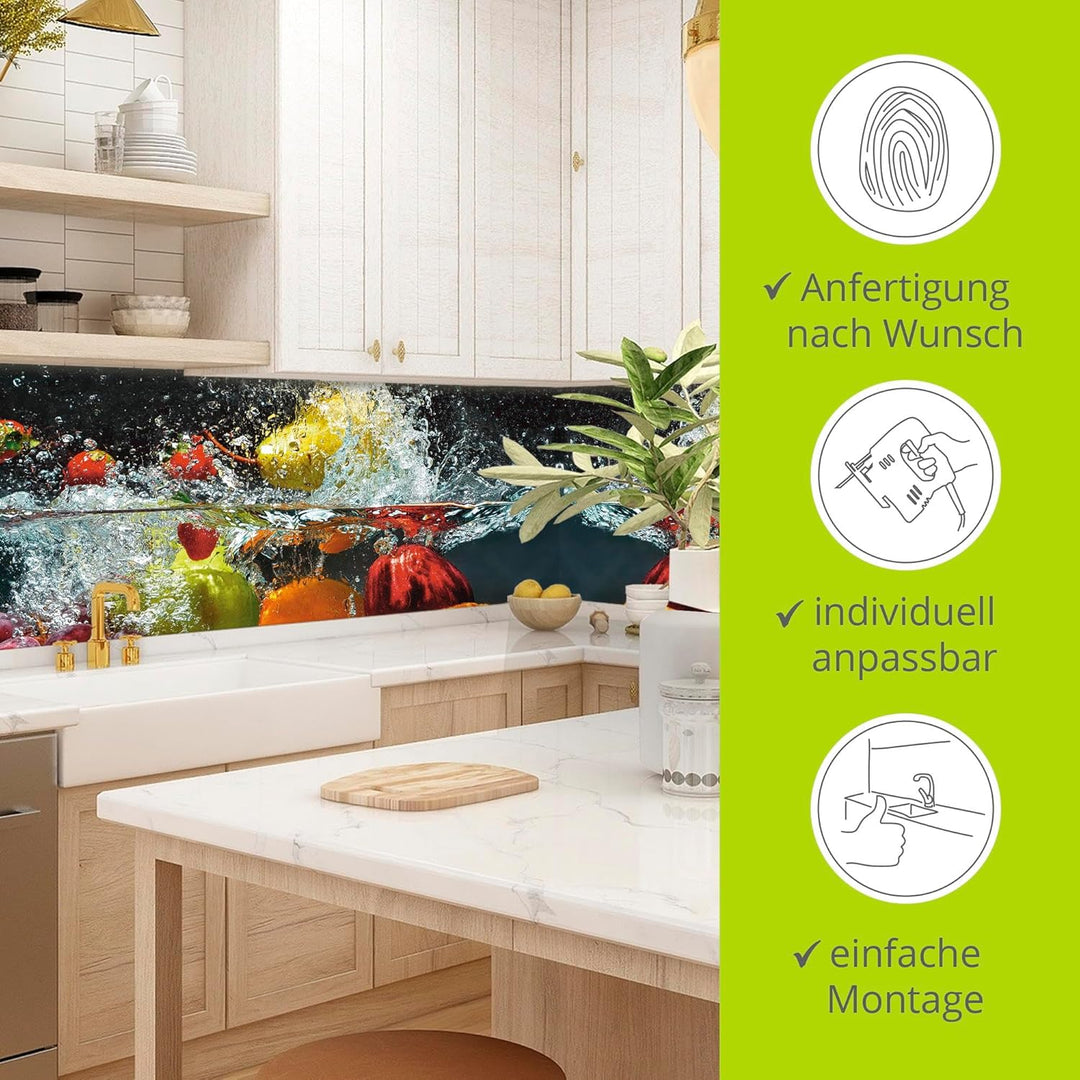 ARTland Spritzschutz Küche aus Alu für Herd Spüle 90x50 cm (BxH) Küchenrückwand mit Motiv Essen Obst