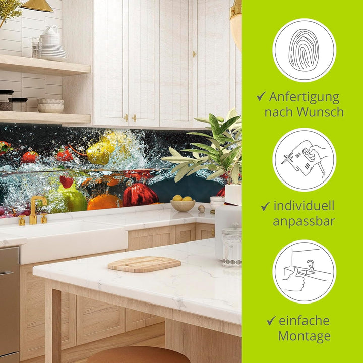 ARTland Spritzschutz Küche aus Alu für Herd Spüle 90x50 cm (BxH) Küchenrückwand mit Motiv Essen Obst