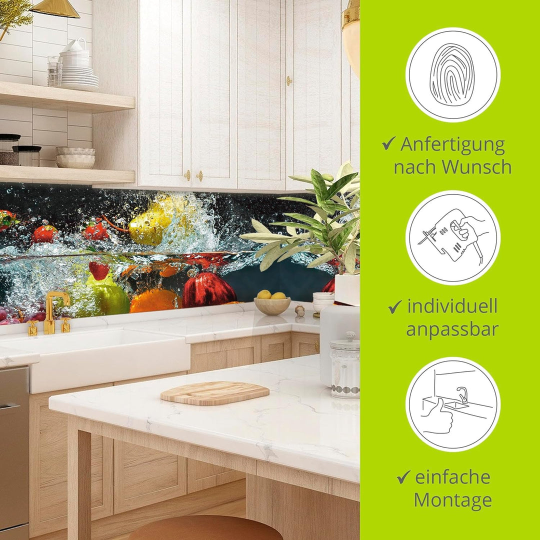 ARTland Spritzschutz Küche aus Alu für Herd Spüle 90x50 cm (BxH) Küchenrückwand mit Motiv Essen Obst