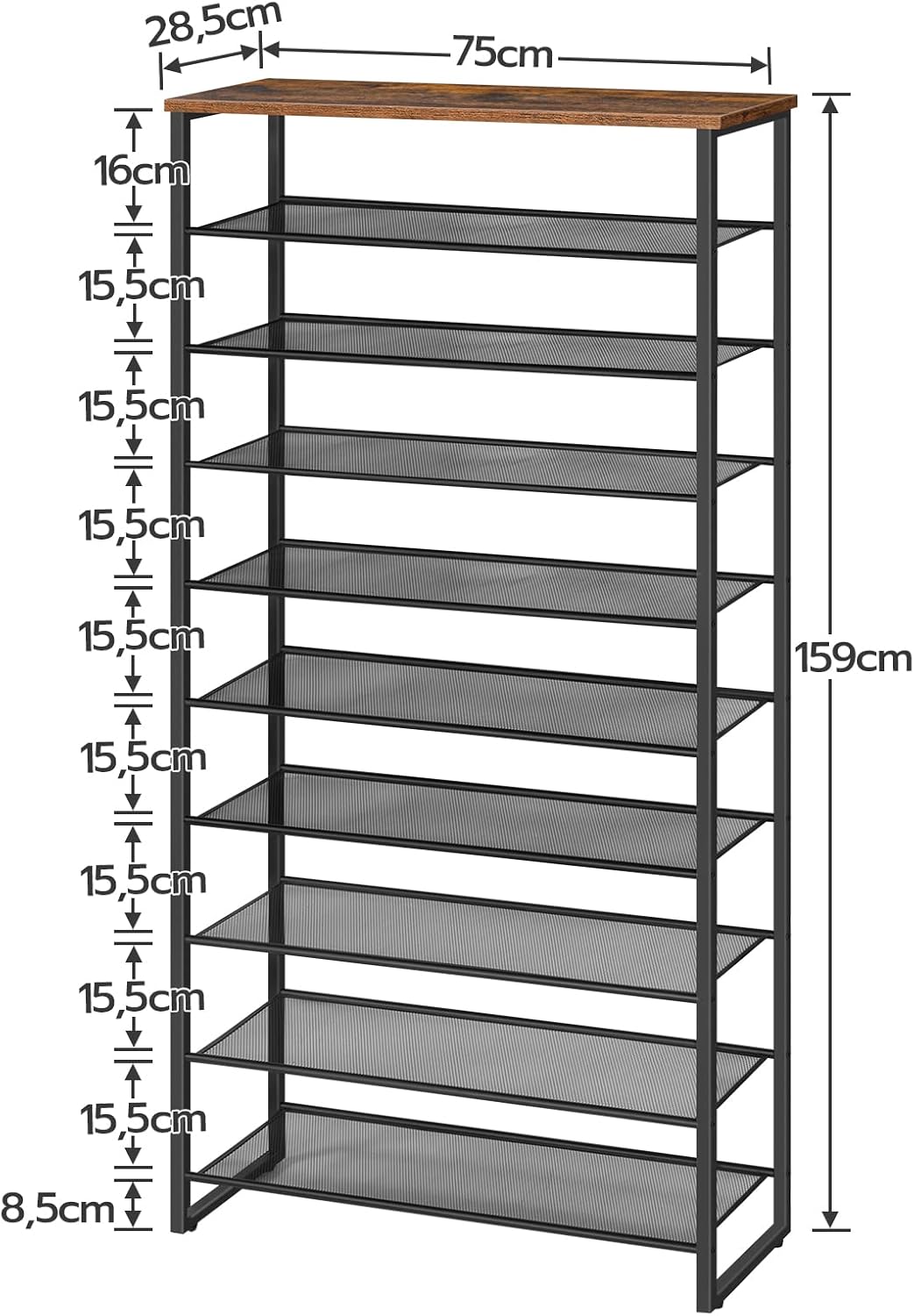 HOOBRO Schuhregal mit 10 Ebenen, Schuhschrank hoch, Schuhablage schmal, Schuhaufbewahrung, Metall, f