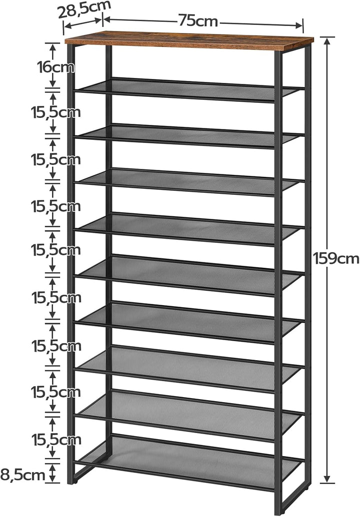 HOOBRO Schuhregal mit 10 Ebenen, Schuhschrank hoch, Schuhablage schmal, Schuhaufbewahrung, Metall, f