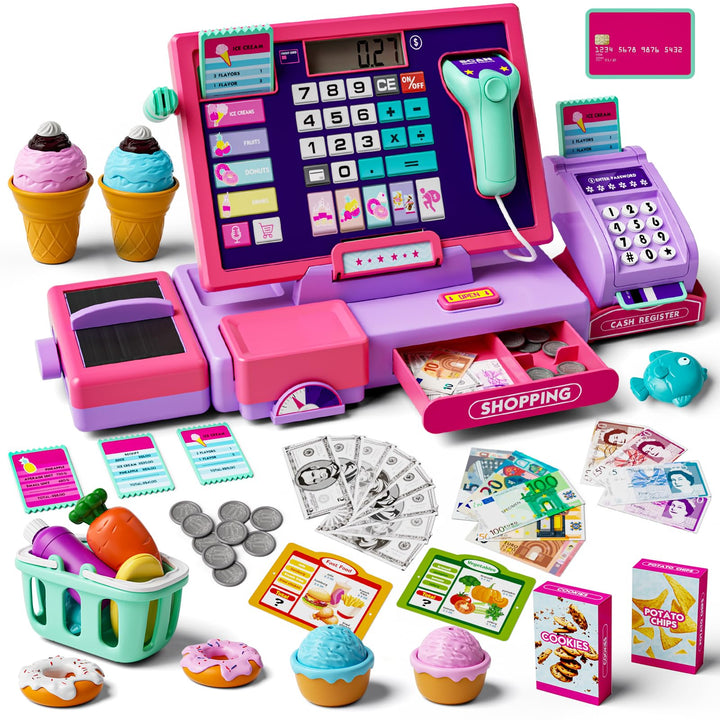 Kinderkasse Registrierkasse Spielzeug Lernspielzeug Set mit Scanner & Musik Funktion (Rosa Lila) Lil
