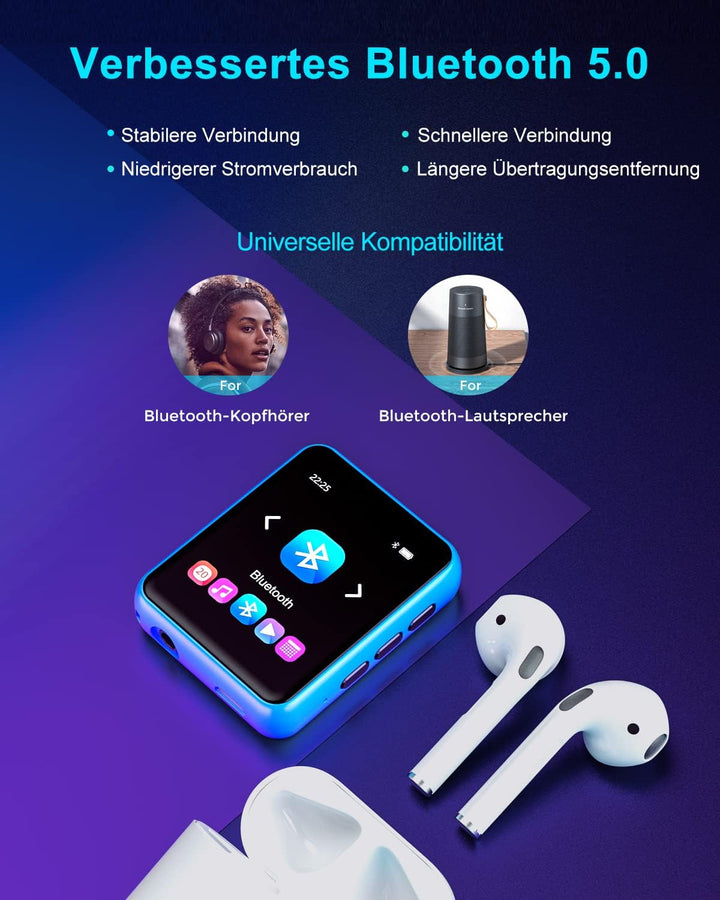 32GB MP3 Player Bluetooth 5.0 mit Voller Touchscreen, Verlustfreier HiFi-Musikplayer mit Metallgehäu