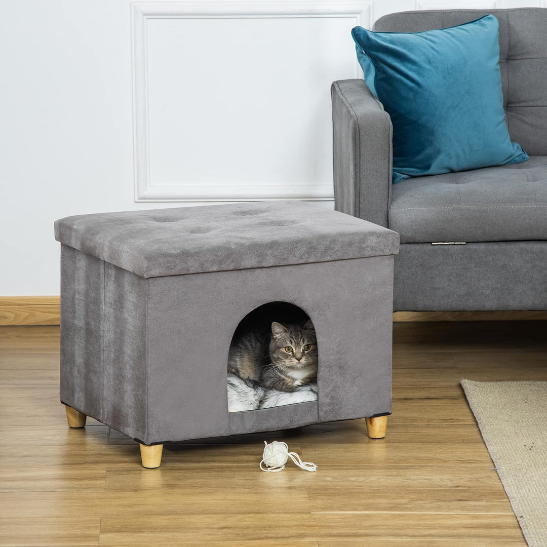PawHut Katzenhöhle Katzenbett 2-IN-1 Katzenhaus Fusshocker mit Kissen Holzbeine Katzenzelt Haustierh