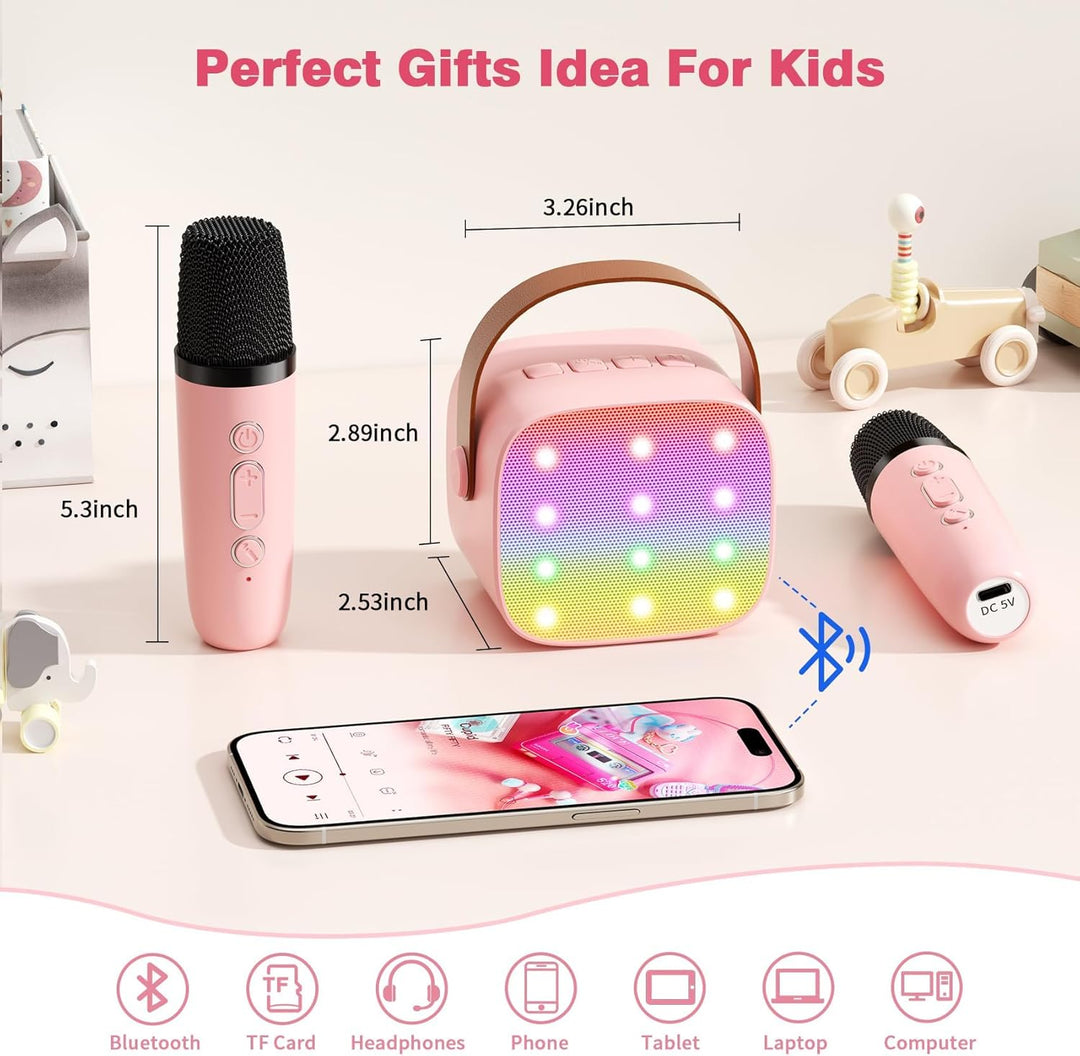 Mini-Karaoke-Maschine mit 2 kabellosen Mikrofonen, Top-Tragbare Bluetooth-Karaoke-Maschine für Kinde