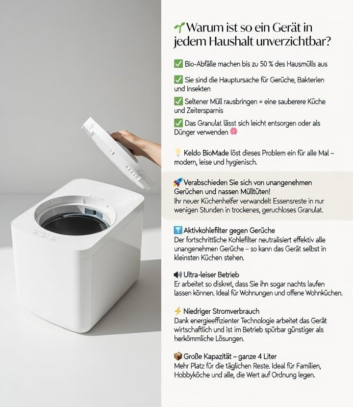 Elektrischer Komposter Küche 4L Weiss – Küchenkomposter Elektrisch mit modernem Design & kompakten M