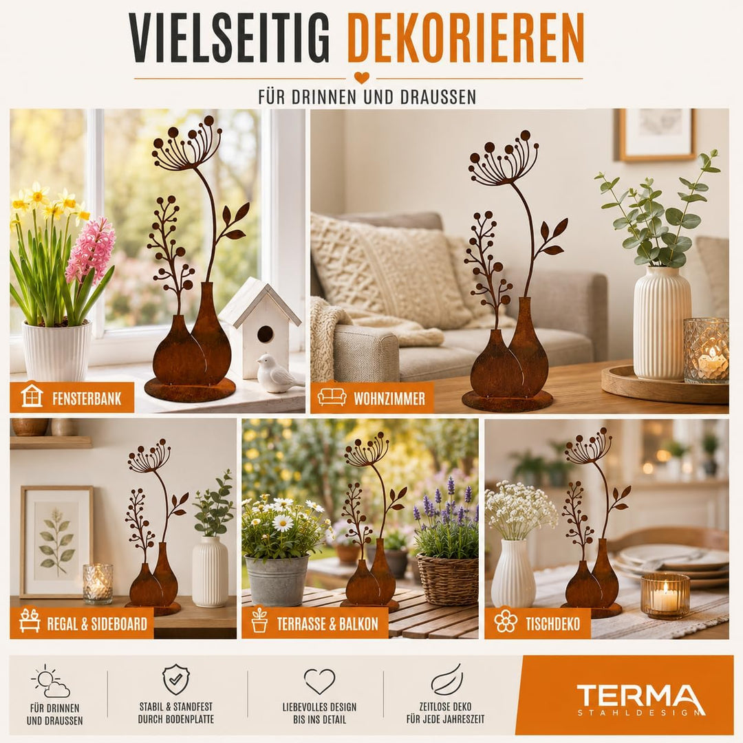 Terma Stahldesign Rost Figur Blume in Vase 50cm Pusteblume Gartendeko für draussen und drinnen Garte