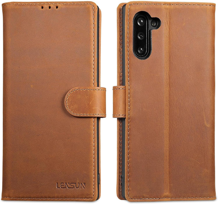 LENSUN Echtleder Hülle für Samsung Galaxy Note 10, Handyhülle [Echtes Leder] [Magnetverschluss] [RFI
