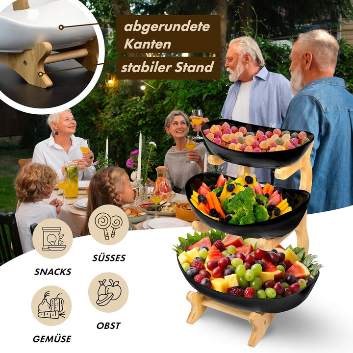 Obst Etagere 3 stöckig SCHWARZ Keramik mit Bambusständer, Servierständer für Obst Snacks Gebäck, ele