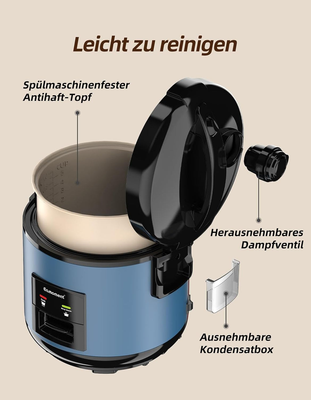 Eamoment DRC-5020BL 1L|400W Reiskocher & Dampfgarer(1ltr-5 Tassen) Für 1-5 Personen Schnelles Kochen