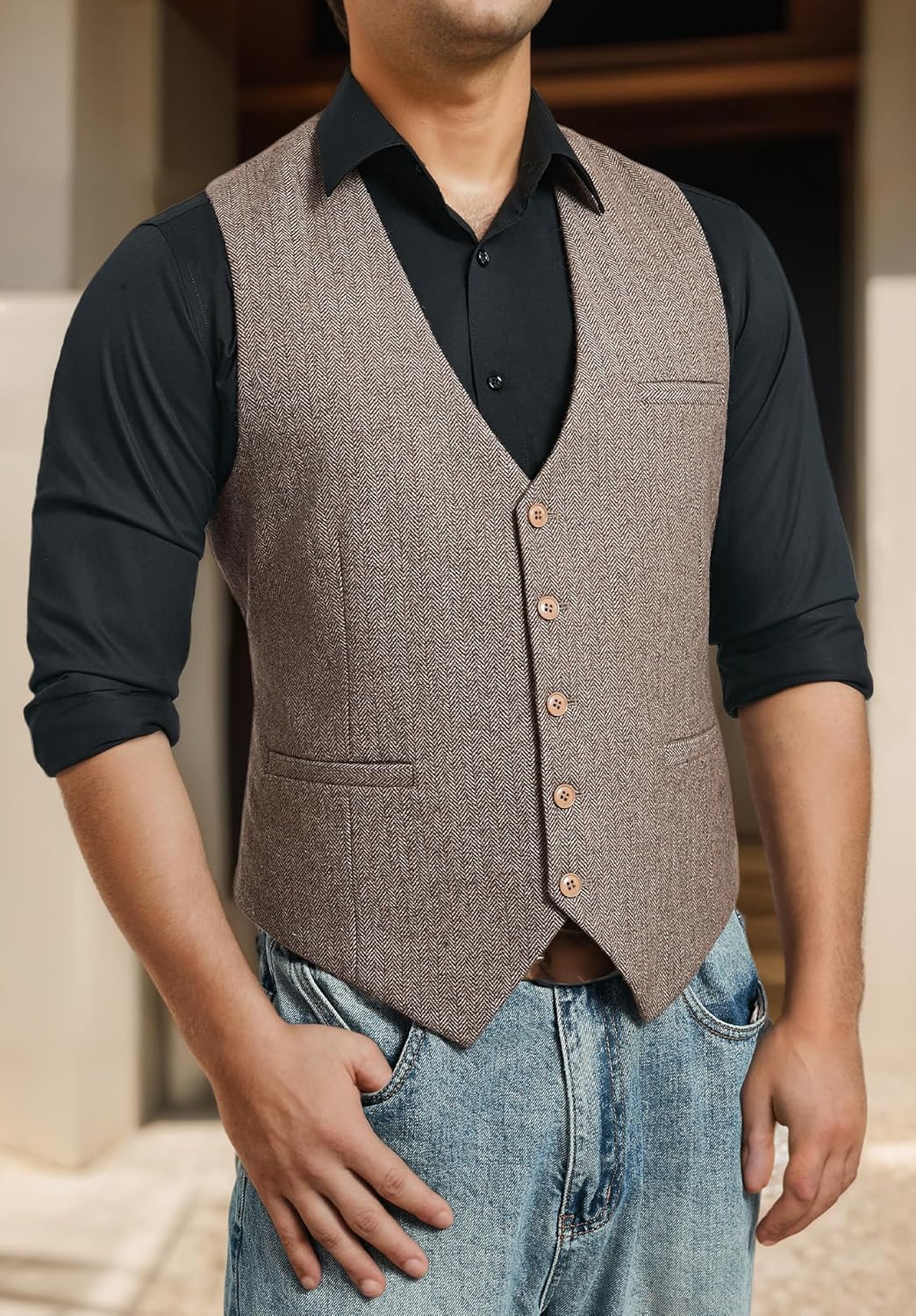 HISDERN Herren Anzugweste Herringbone Weste Hochzeit Herrenweste Formale Tweed Wollweste Classic Bas