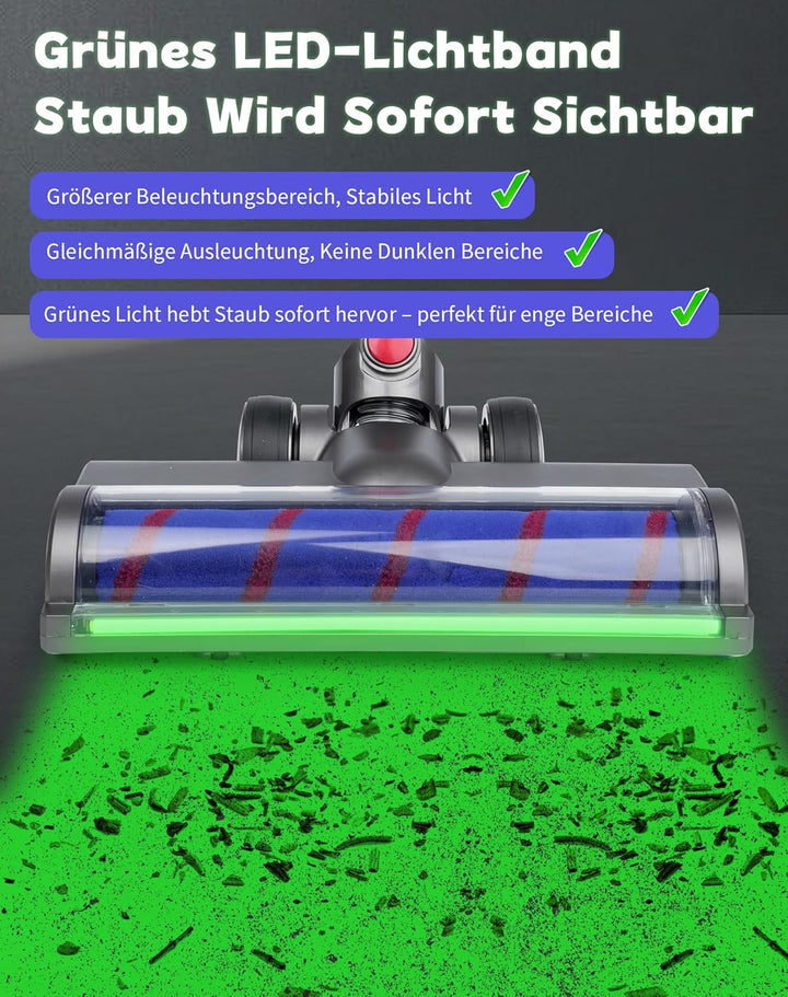 Bürste für Dyson V7 V8 V10 V11 V15 mit Grünem LED Licht, Weichwalze Bodenbürste Geeignet für Hartböd