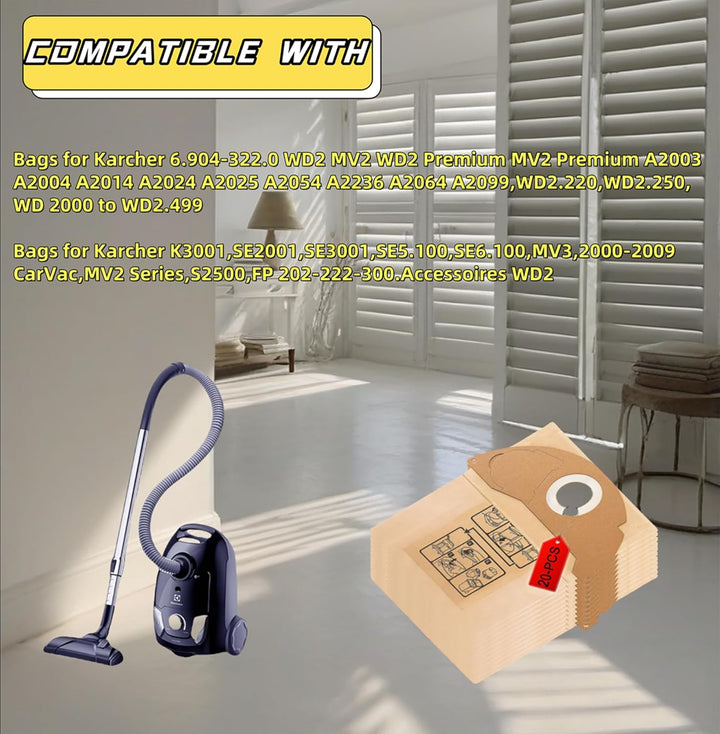 HIYOUNG 20 Stück Staubsaugerbeutel für Kärcher WD2,Beutel 6.904-322.0, Beutel WD2 Premium MV2 WD 2.2