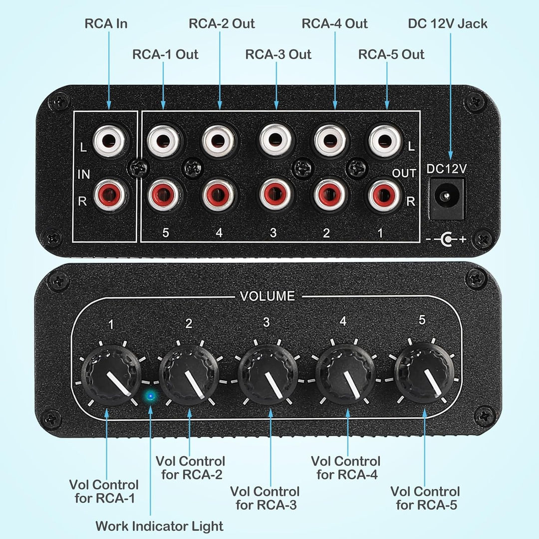 5-Wege RCA 1 in 5 Out Stereo Audio Splitter Box, Audio Distribution Verstärker RCA Signalverteiler f