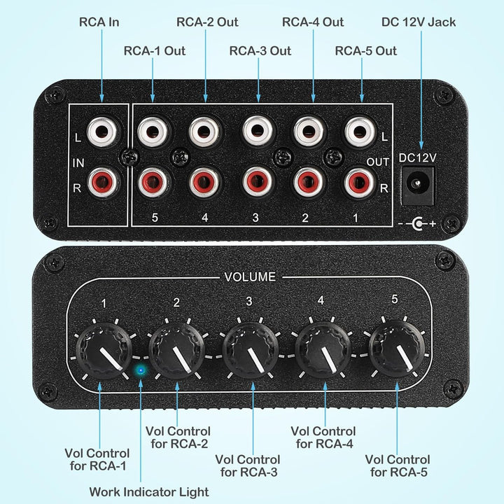 5-Wege RCA 1 in 5 Out Stereo Audio Splitter Box, Audio Distribution Verstärker RCA Signalverteiler f