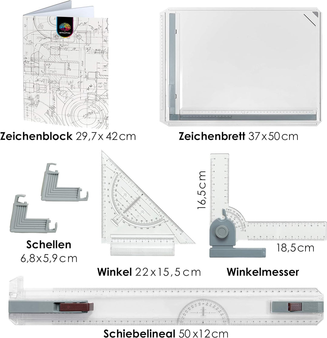 OfficeTree Zeichenplatte A3 - Inkl. Tragetasche, Schiebelineal, Geodreieck uvm. - Zeichenbrett A3 fü