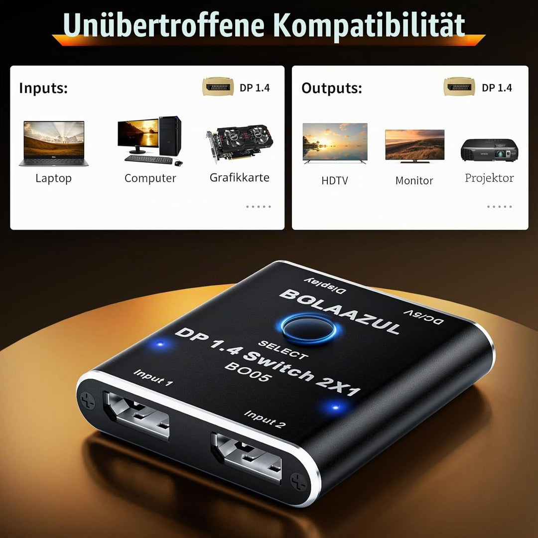 BolAAzuL 8K DisplayPort Switch 2 in 1 Out, Displayport 1.4 Switcher 2-Port, unidirektionale DP Switc