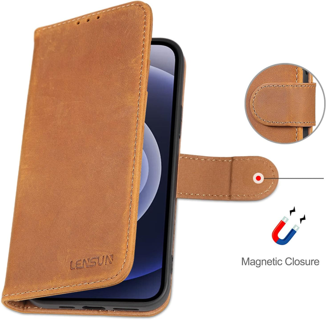 LENSUN Echtleder Hülle für iPhone 12, iPhone 12 Pro 5G Handyhülle [Echtes Leder][Magnetverschluss][R