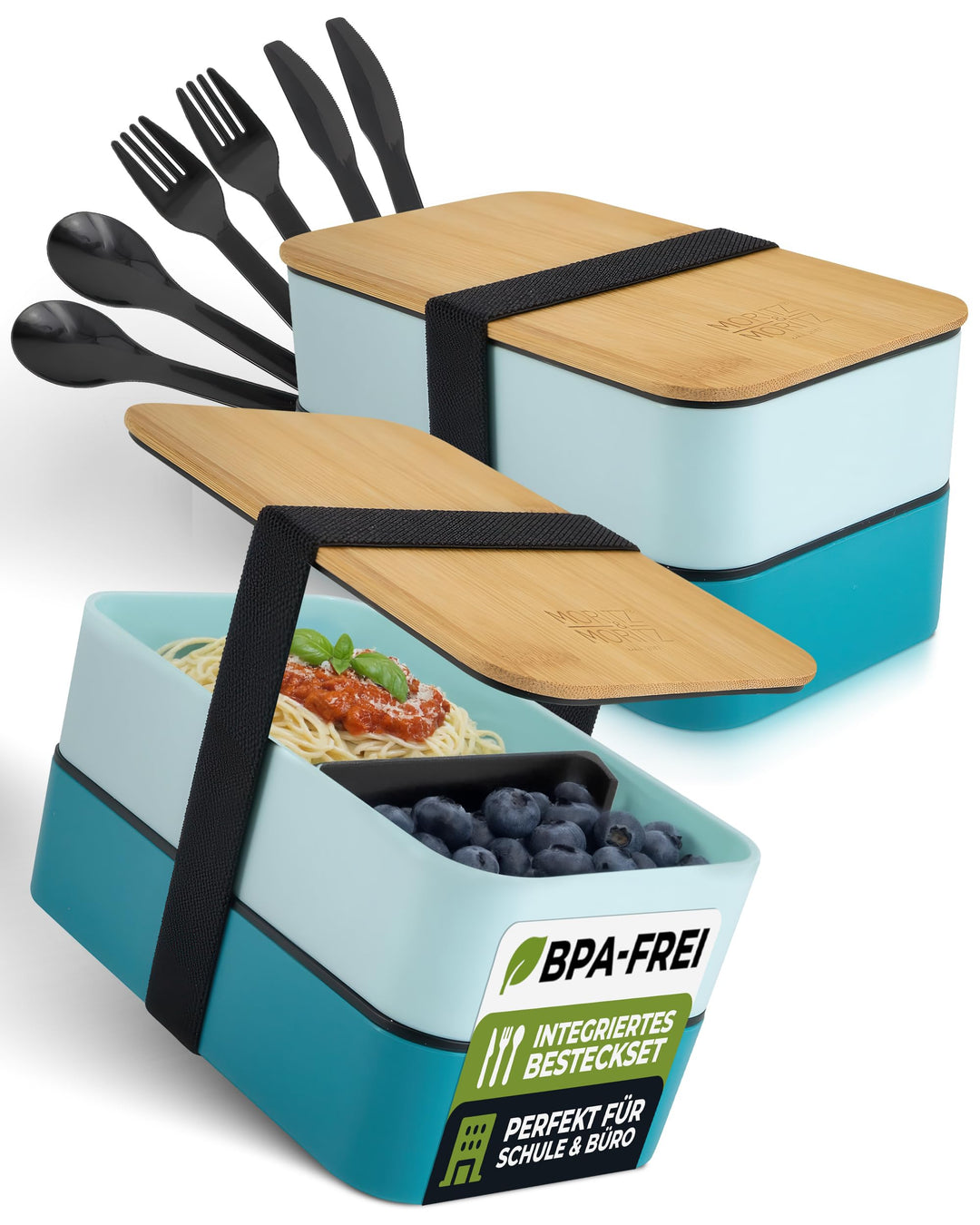 Moritz & Moritz 2er Set Bento Box Kinder in Blau - Perfekte Lunchbox für Kinder und Erwachsene - Bro