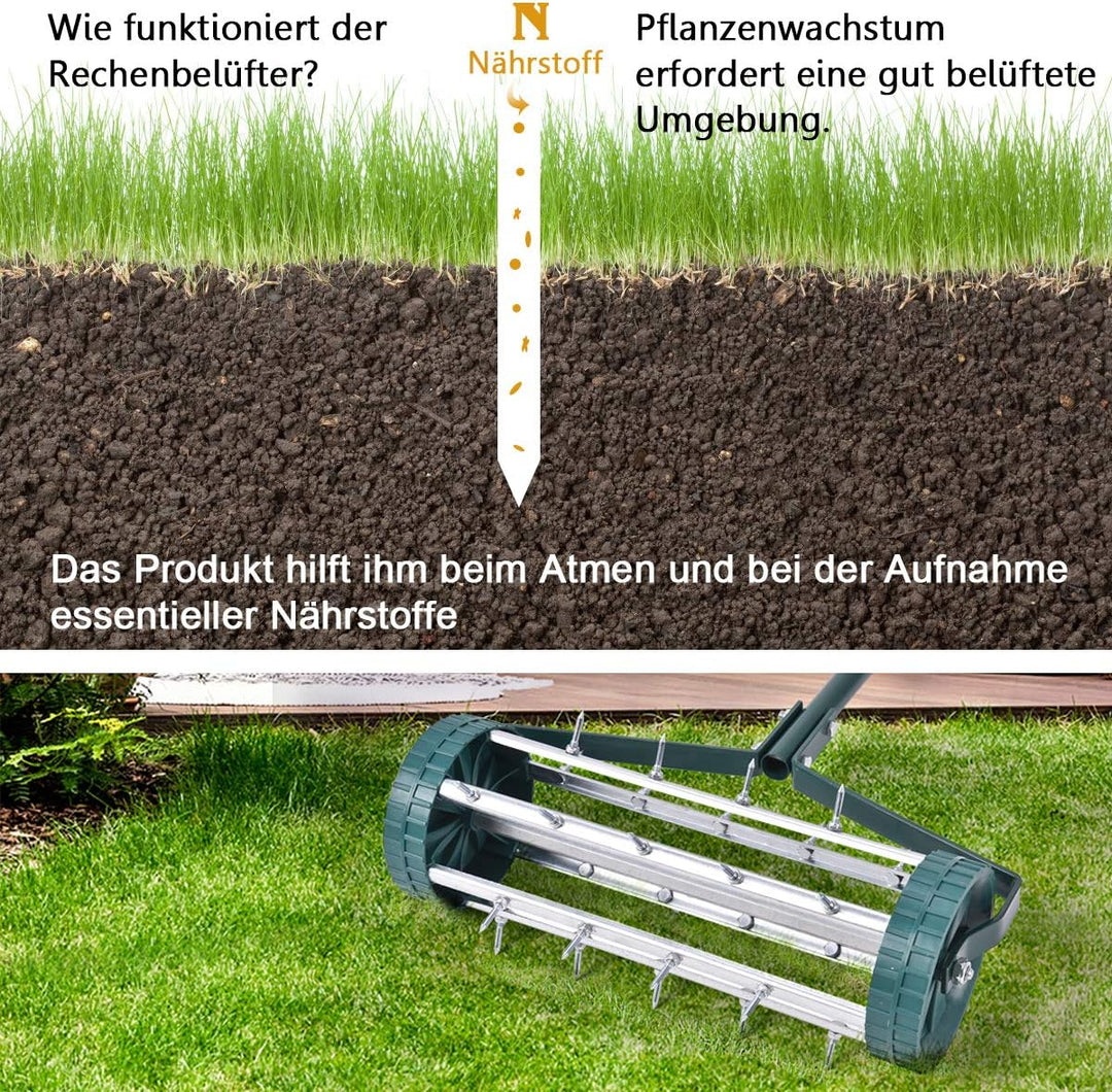 COSTWAY Rasenlüfter Walze, Rasenrolle mit Stiel & Nägeln, Handvertikutierer rollend, Rasenbelüfter m