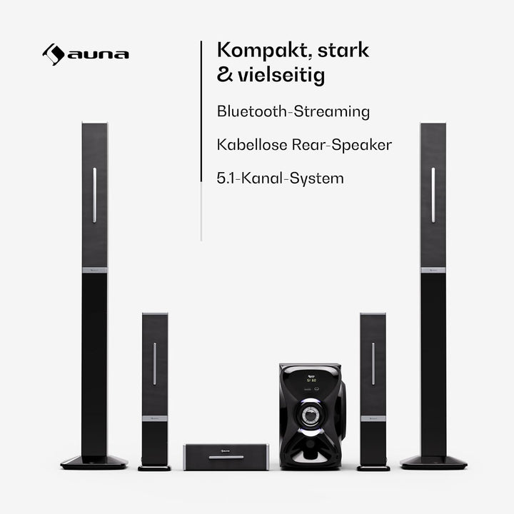 auna 5.1 Sound System - kabellose Lautsprecher-Soundbar, RGB Farbe, 120 W Leistung für TV & PC, mit