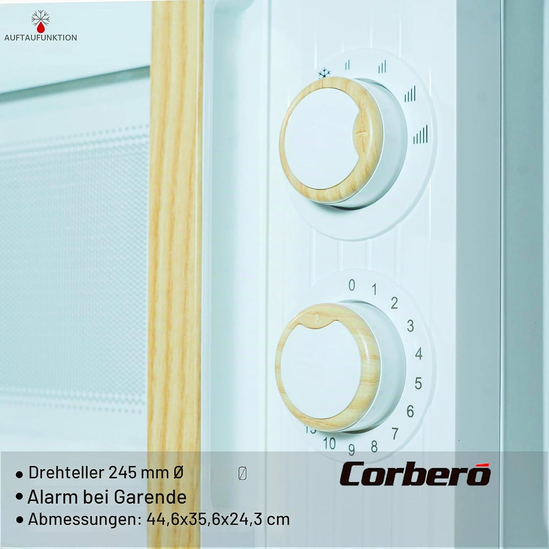 Corberó CMICG270WOODW Mikrowelle, 20 Liter, Weiss, Leistung 700 W, Auftauen, 5 Leistungsstufen, mech
