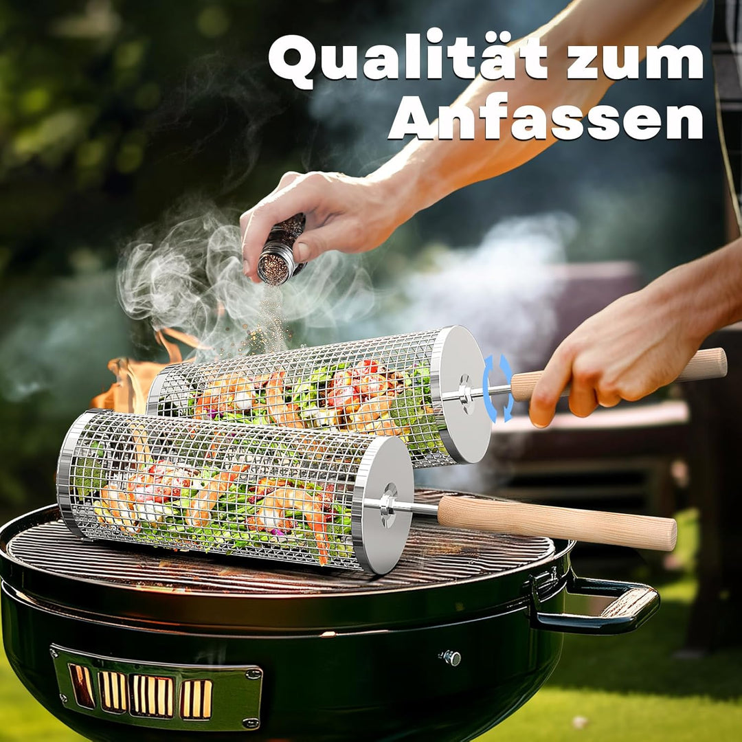 Ivtivfu Nestendes Rollendes Grillkorb Set mit Holzgriff (2 Stück, 24cm × 10cm), Rolling Grilling Bas