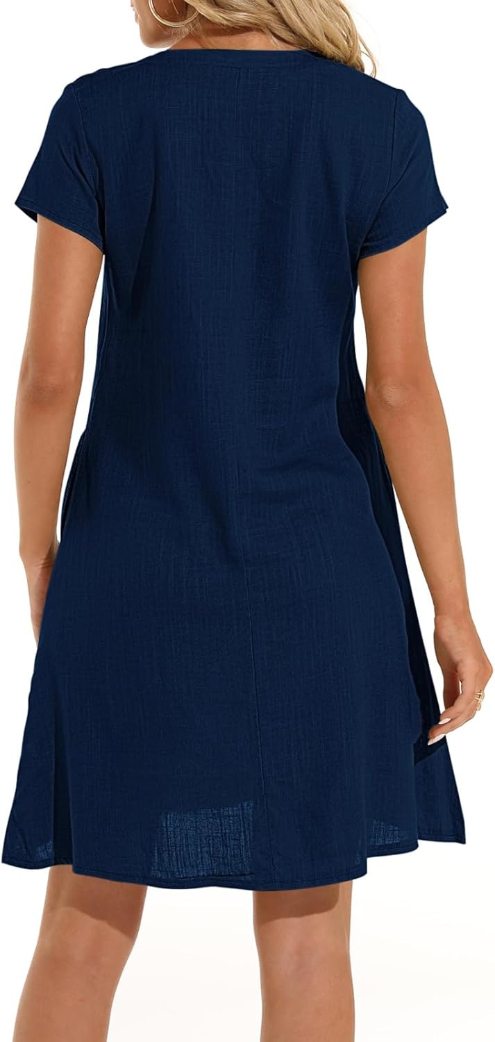 Sommerkleid Damen Leinen Kleider Casual V-Ausschnitt Midikleid Kurzarm A-Linie Kleid Strandkleid Ohn