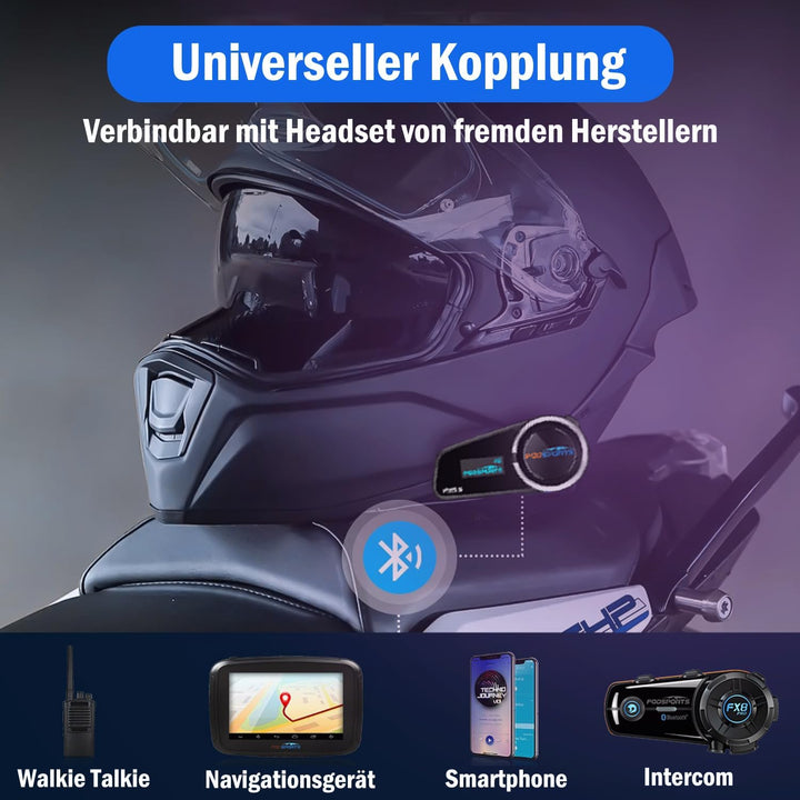Fodsports FX6S Motorrad Intercom mit LCD Bildschirm, Motorrad Bluetooth Headset für bis zu 6 Motorrä