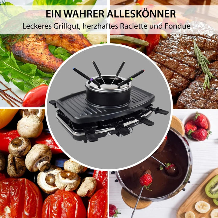 Syntrox Germany Raclette-Grill emailliert Liles mit Fondue, Tischgrill. 1100Watt, Partygrill, Elektr
