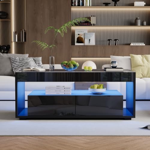 Merax LED Couchtisch – Moderner Wohnzimmertisch mit 16 Farben & 4 Modi, Hochglanz Design, Stauraum,