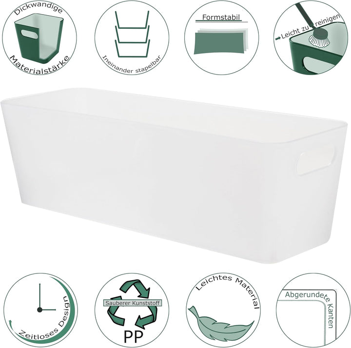 9x Ordnungsbox 10 cm hoch - milchig-transparent 30x10x10cm 2 Liter - mit Beschriftungsclip Ordnungsk