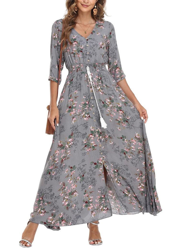 Damen Lange Split Knopf Up Sommer Maxikleid Floral Strandwear Holidy Kleid Hohe Taille mit kurzen Är