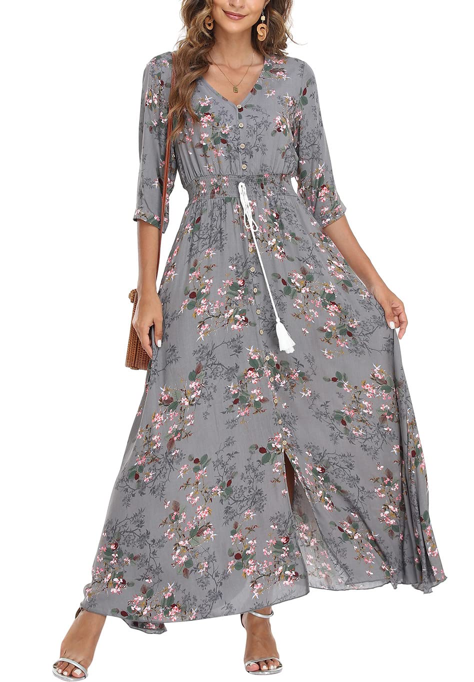 VOGMATE Damen Lange Split Knopf Up Sommer Maxikleid Floral Strandwear Holidy Kleid Hohe Taille mit k