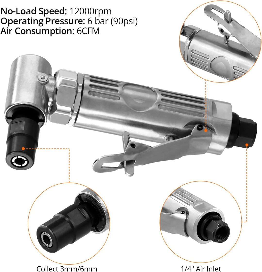 QWORK® Druckluftschleifer 90° Winkelschleifer mit 50mm Schleifscheiben - 12000 U/min - 1/4" Schnella