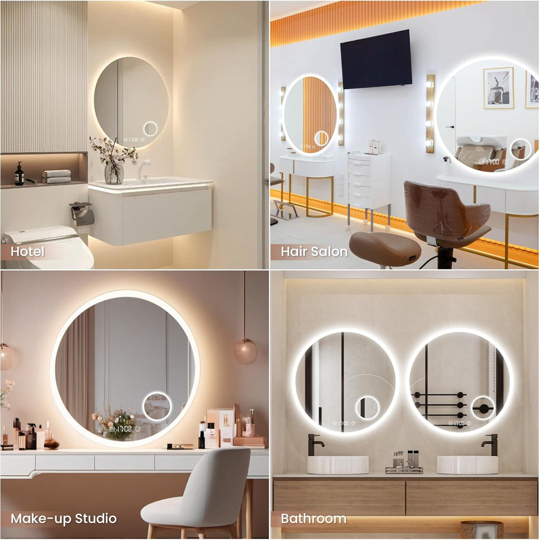 Habison Rund LED Badspiegel mit Beleuchtung 70 x 70cm LED Badezimmerspiegel Wandspiegel mit Uhrzeit