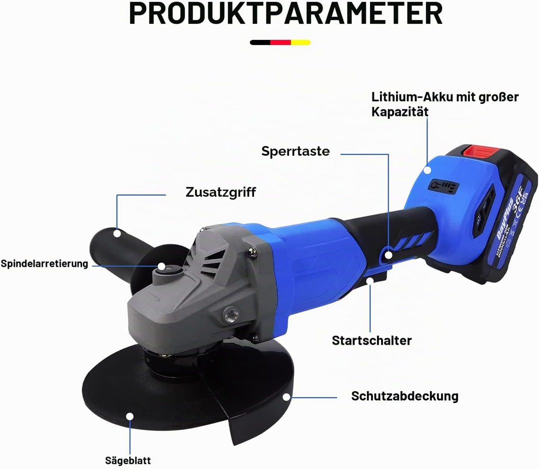 Winkelschleifer, 6000mAh Akku-Winkelschleifer, 10000 RPM, 115 mm, mit Zusatzgriff und Scheiben, idea