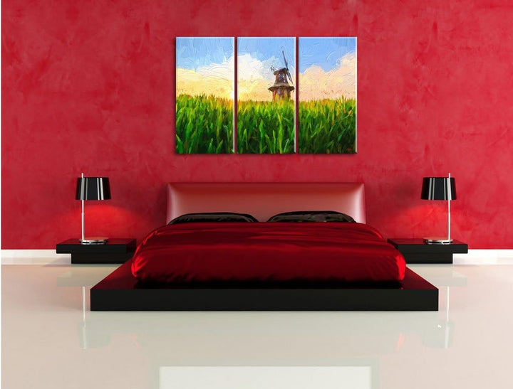 Pixxprint Windmühle auf dem Feld als Leinwandbild/Grösse: 3 Teilig (120x80) cm/Wandbild/Kunstdruck/f