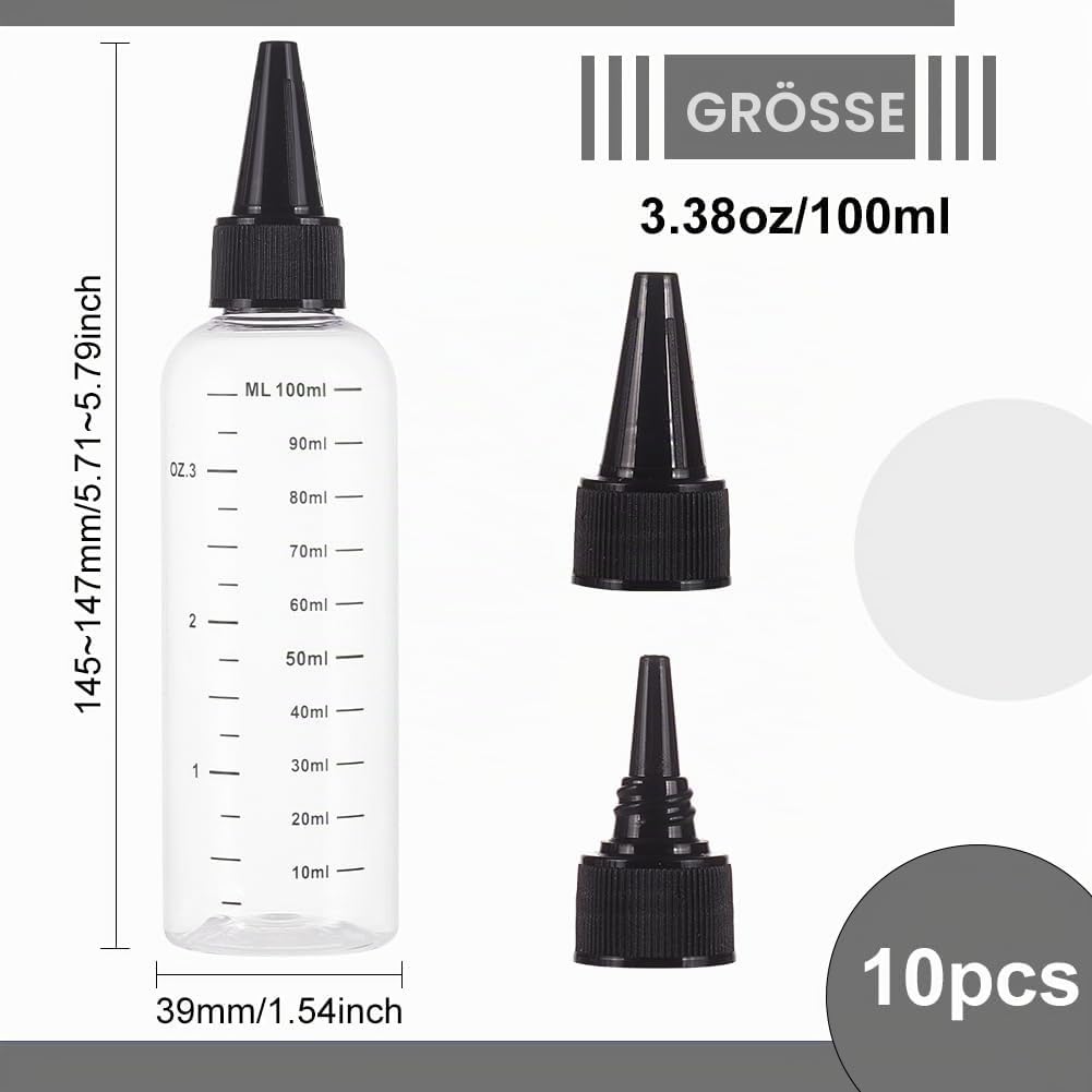 BENECREAT 10 Packung 100ml Kunststoff-Quetschflaschen Mit Skala, PET Transparente Schwarze Flaschen