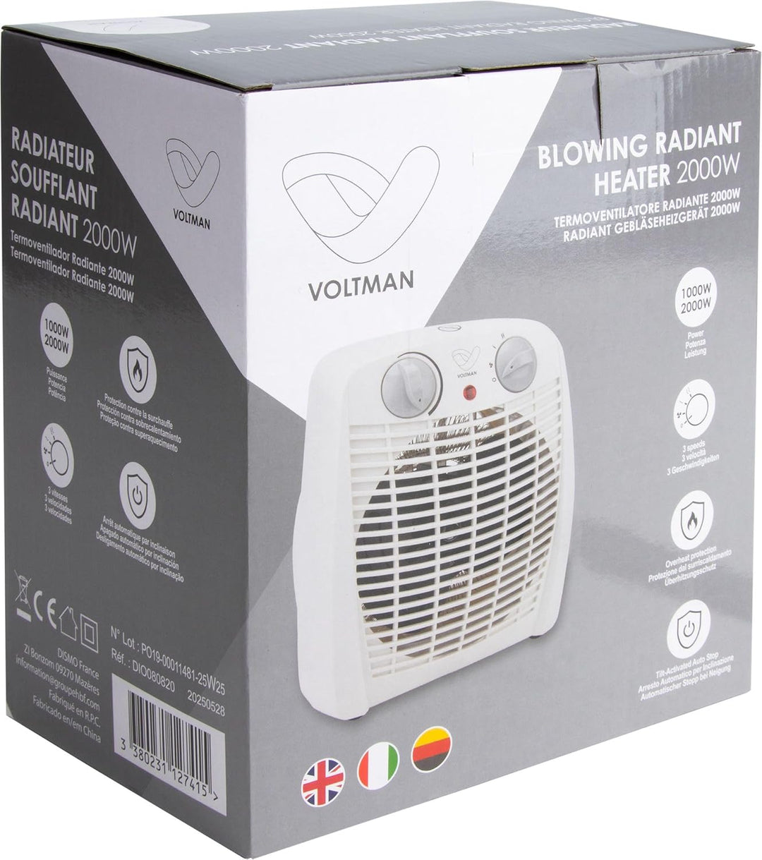 DIO - Tragbarer Heizlüfter 2000W - Regelbarer Thermostat - 2 Heizleistungen - 3 Modi - Kompakt und L
